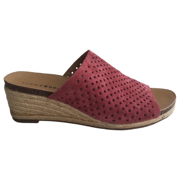 Lucky Brand Sandals Womens 6 Leather Jemya Wedge Jute Perforated Slip On Pink - Picture 1 of 12